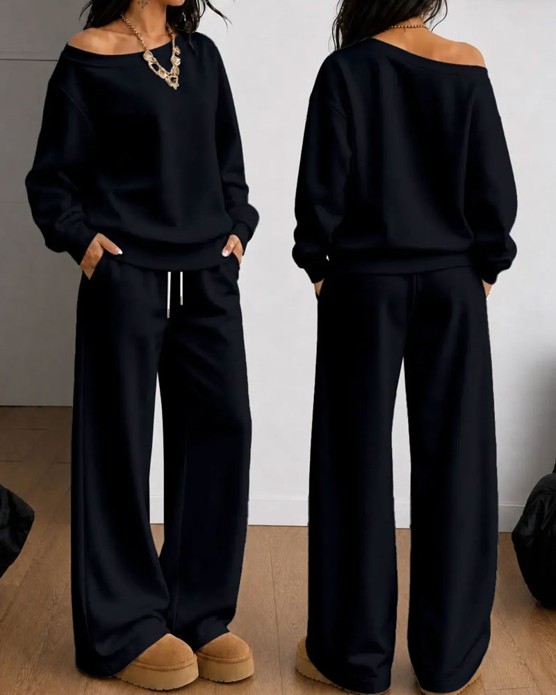 Women's off-shoulder sweatshirt and wide-leg trouser set