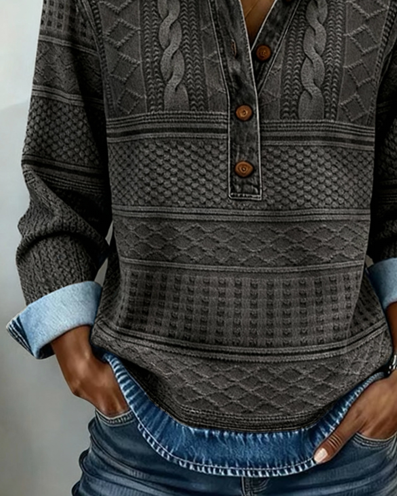 Women's textured collared sweatshirt with half button placket and long sleeves