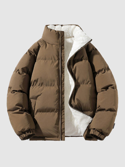 Men's padded jacket with fleece lining, stand collar and zip front