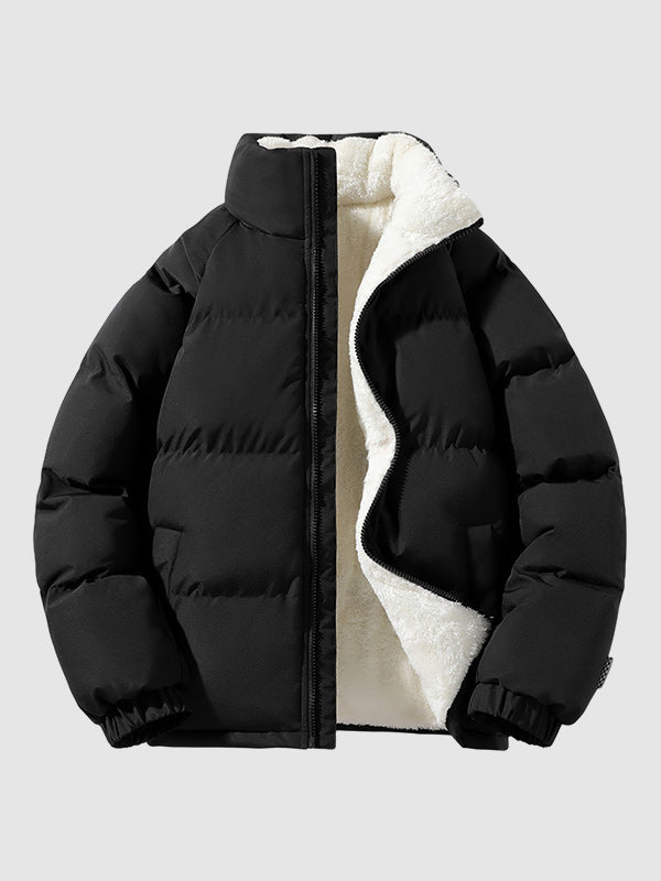 Men's padded jacket with fleece lining, stand collar and zip front