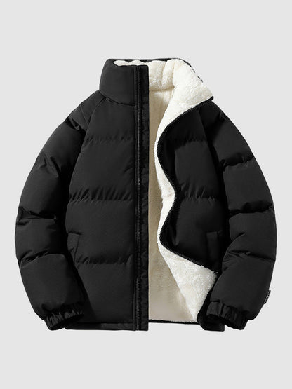 Men's padded jacket with fleece lining, stand collar and zip front