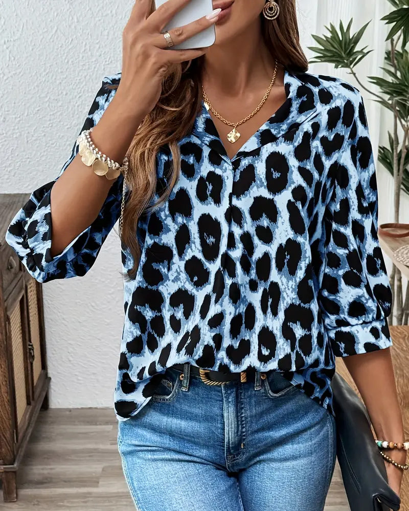 Women's leopard print blouse with V-neck collar and 3/4 sleeves