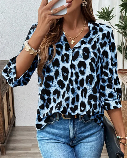 Women's leopard print blouse with V-neck collar and 3/4 sleeves