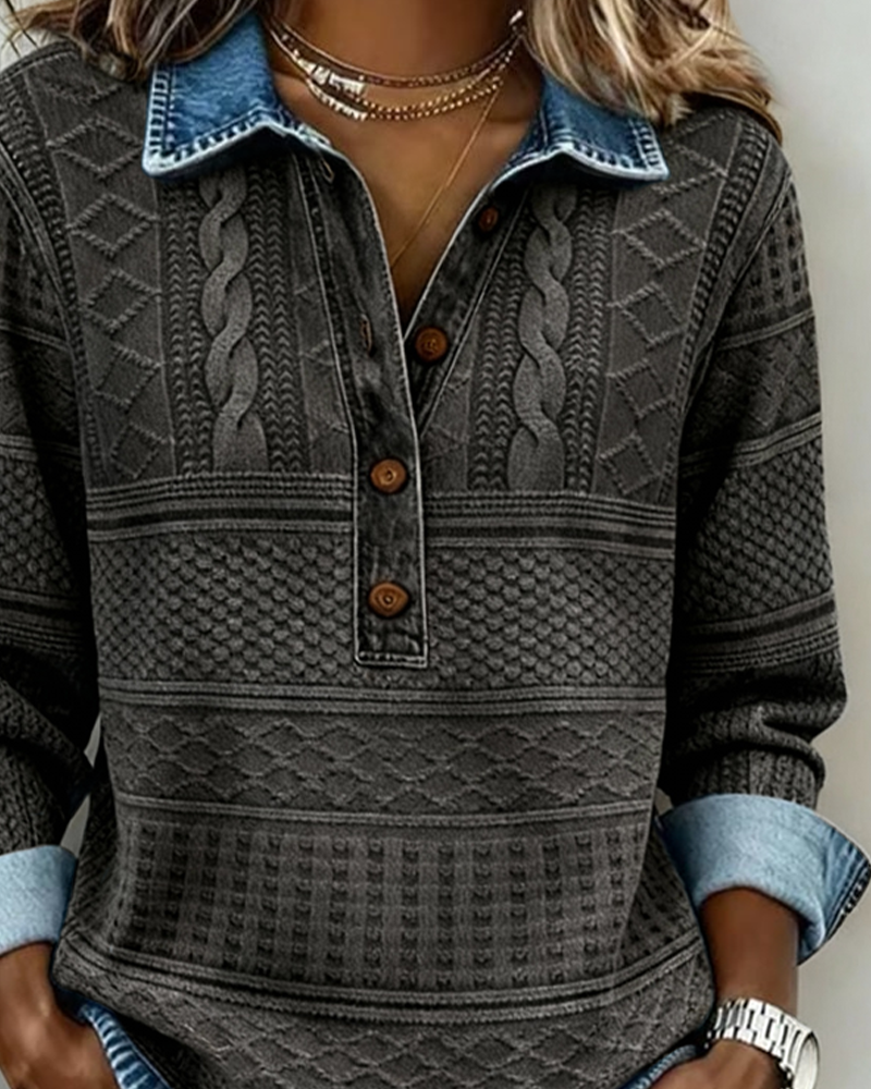 Women's textured collared sweatshirt with half button placket and long sleeves