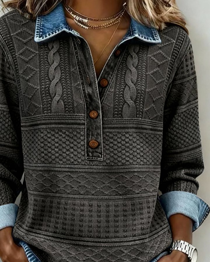 Women's textured collared sweatshirt with half button placket and long sleeves