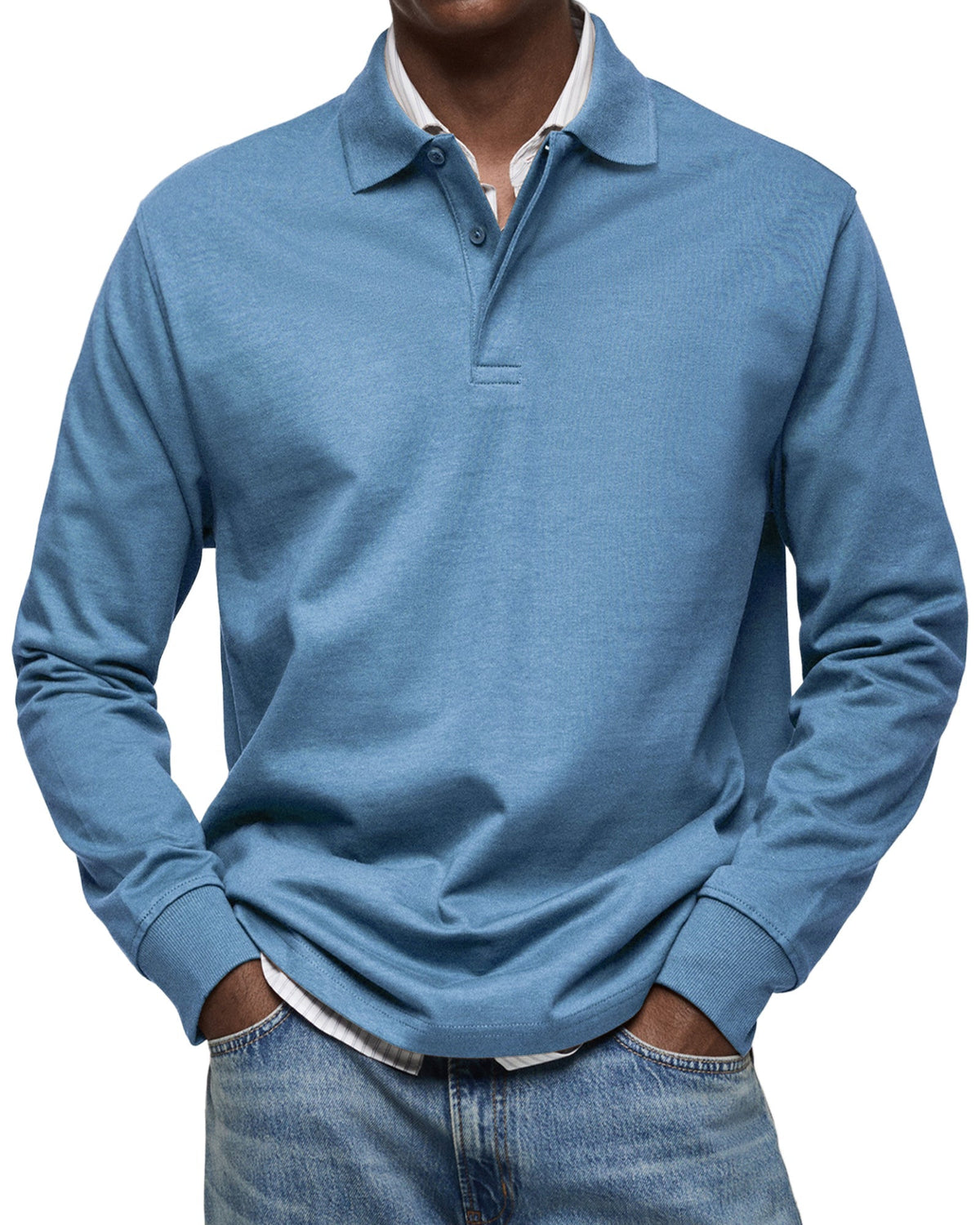 Men's long sleeve polo sweater with collar and button placket