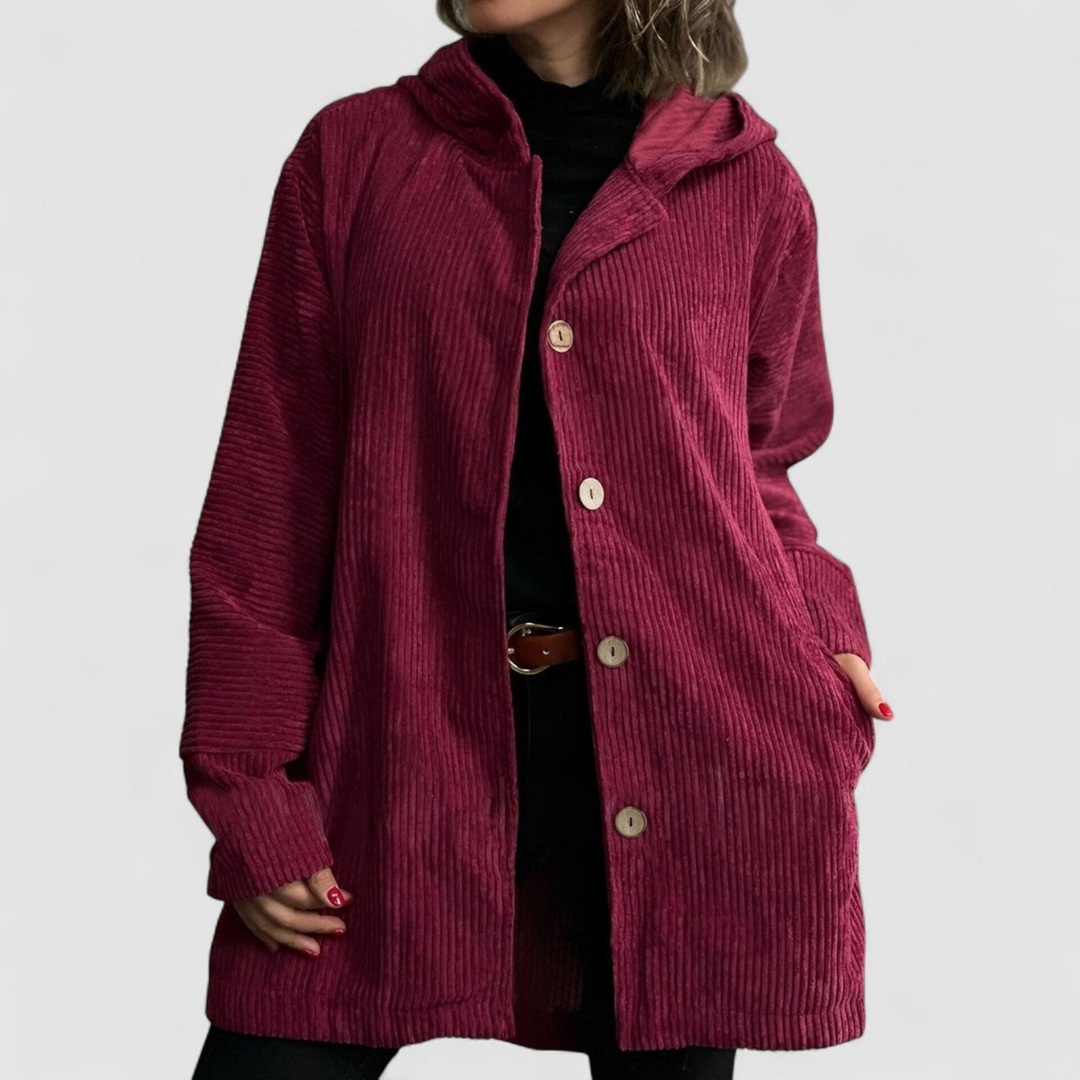 Women's hooded textured jacket with long sleeves and button front
