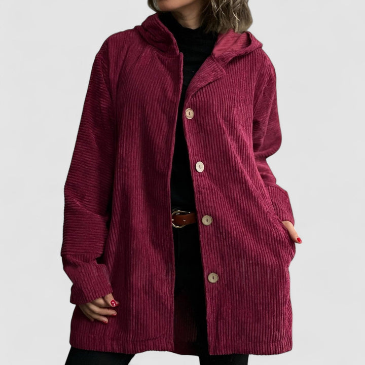 Women's hooded textured jacket with long sleeves and button front