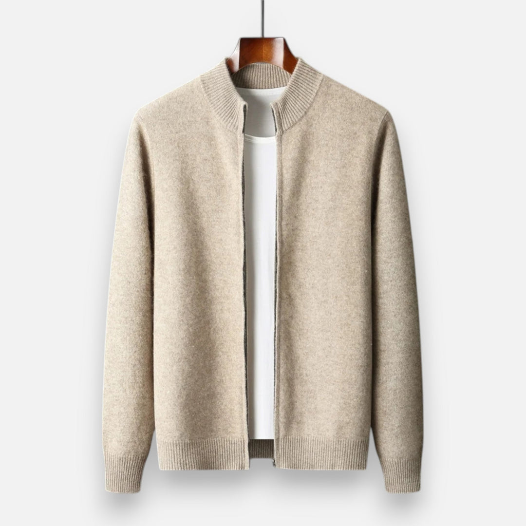 Men's plain zip front sweater with ribbed mock neck