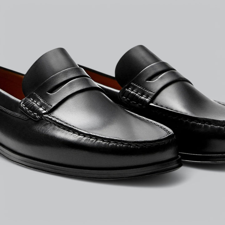 Men's penny loafers shown in black and dark brown