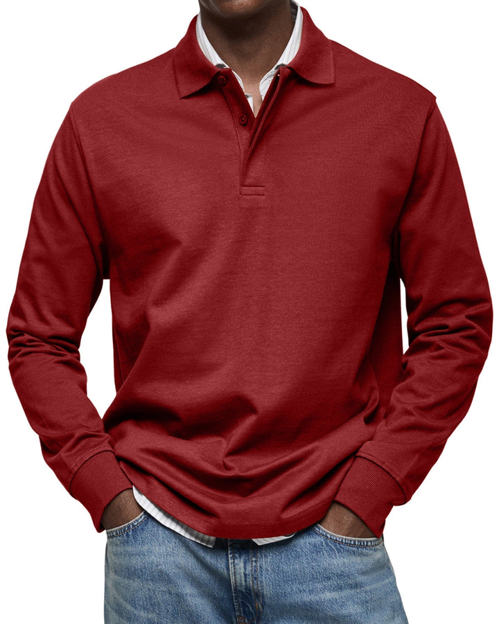 Men's long sleeve polo sweater with collar and button placket