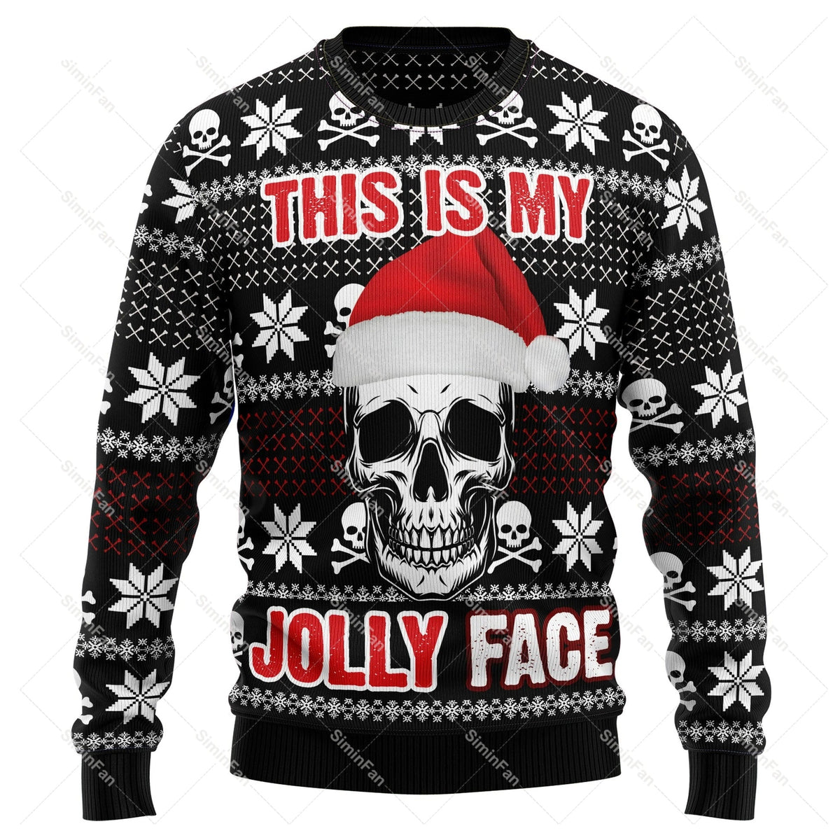 Men's Christmas sweater with skull graphics, snowflakes and festive lettering
