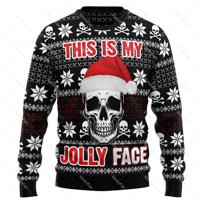 Men's Christmas sweater with skull graphics, snowflakes and festive lettering