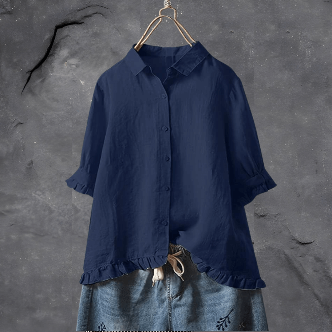 Women's collared shirt with ruffled cuffs and hem