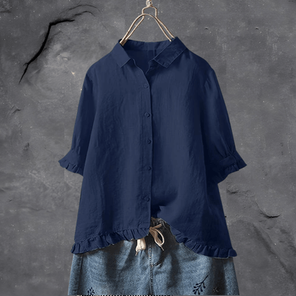 Women's collared shirt with ruffled cuffs and hem