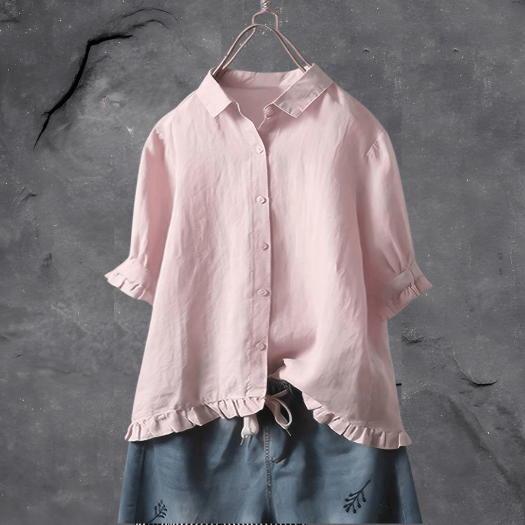 Women's collared shirt with ruffled cuffs and hem