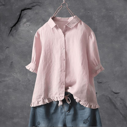 Women's collared shirt with ruffled cuffs and hem