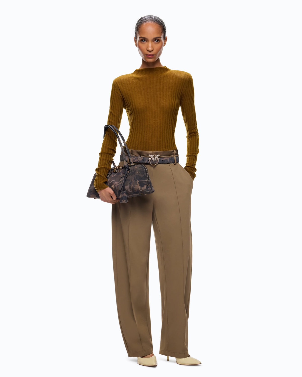 Women's mustard yellow ribbed crew neck sweater with long sleeves