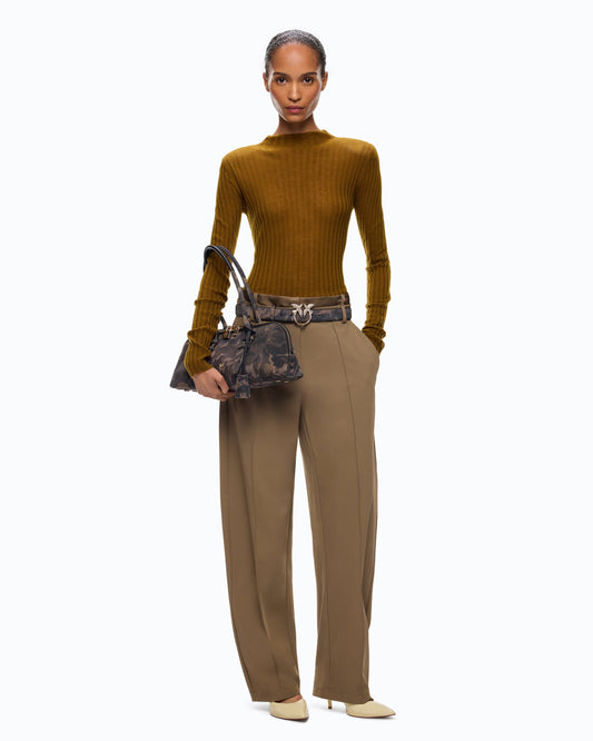 Women's mustard yellow ribbed crew neck sweater with long sleeves