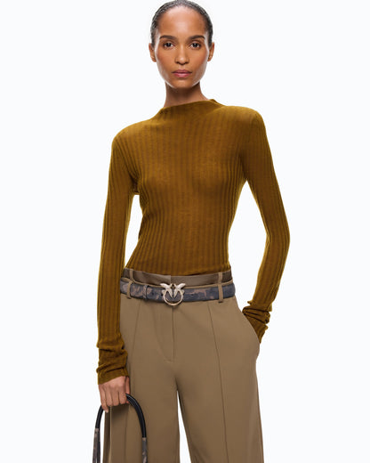 Women's mustard yellow ribbed crew neck sweater with long sleeves