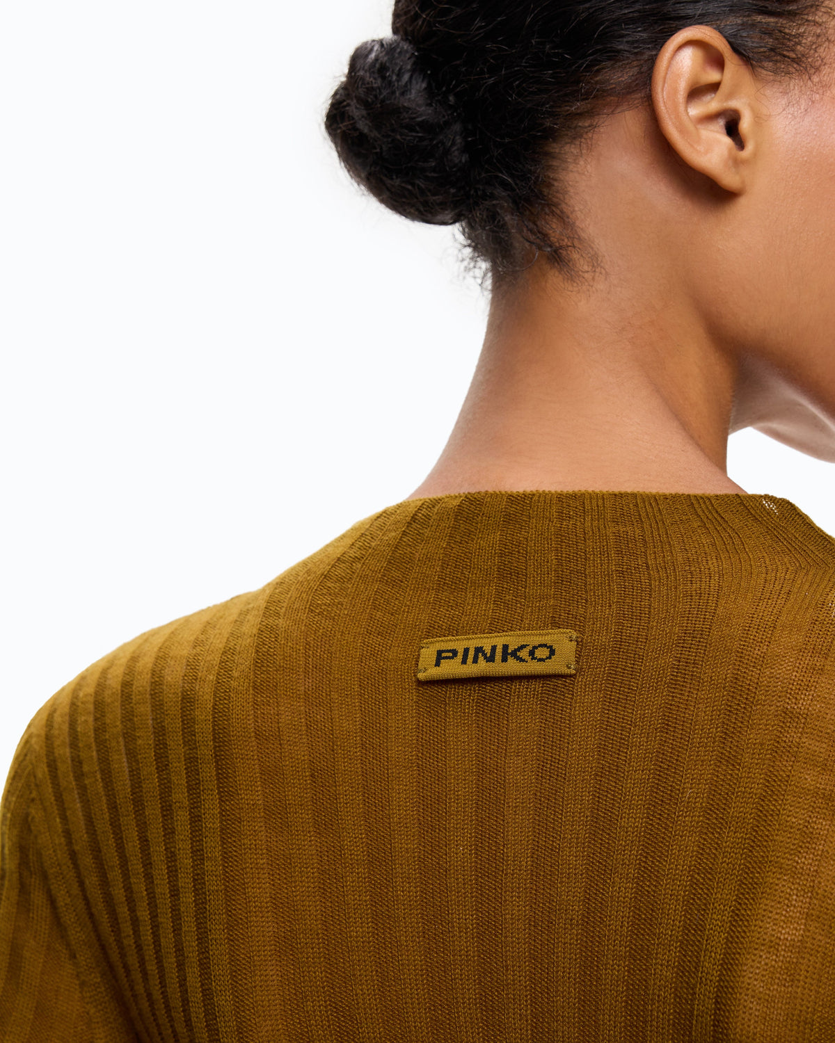 Women's mustard yellow ribbed crew neck sweater with long sleeves