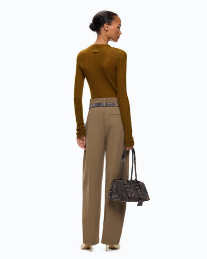 Women's mustard yellow ribbed crew neck sweater with long sleeves