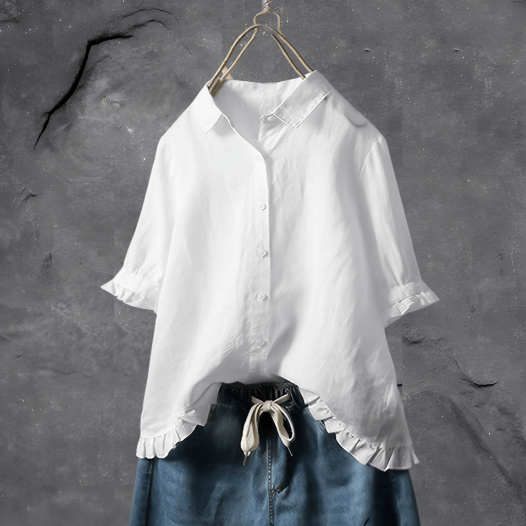 Women's collared shirt with ruffled cuffs and hem
