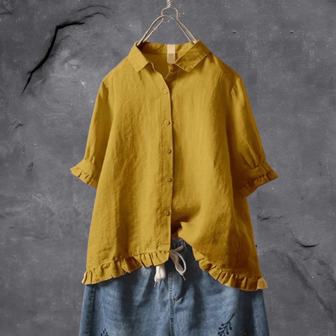 Women's collared shirt with ruffled cuffs and hem