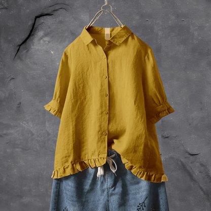 Women's collared shirt with ruffled cuffs and hem
