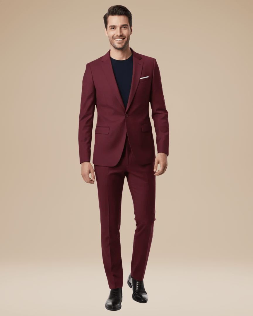 Men's two-piece suit with notched lapels and slim trousers