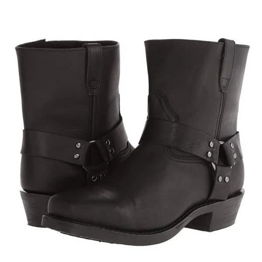 Men's cowboy boots with decorative strap, metal studs and low heel