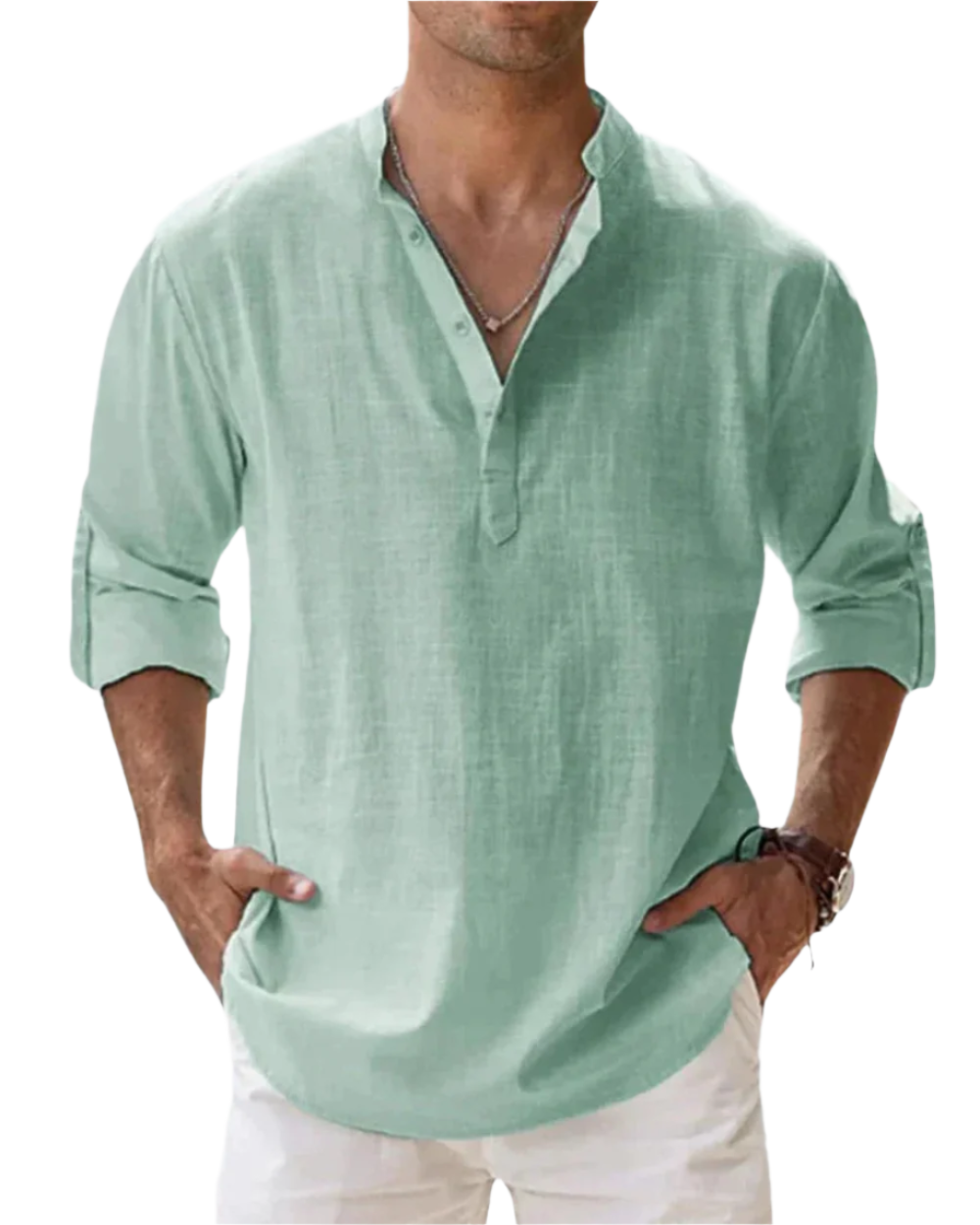 Men's solid long sleeve shirt with open collar and rolled sleeves