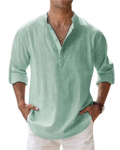Men's solid long sleeve shirt with open collar and rolled sleeves