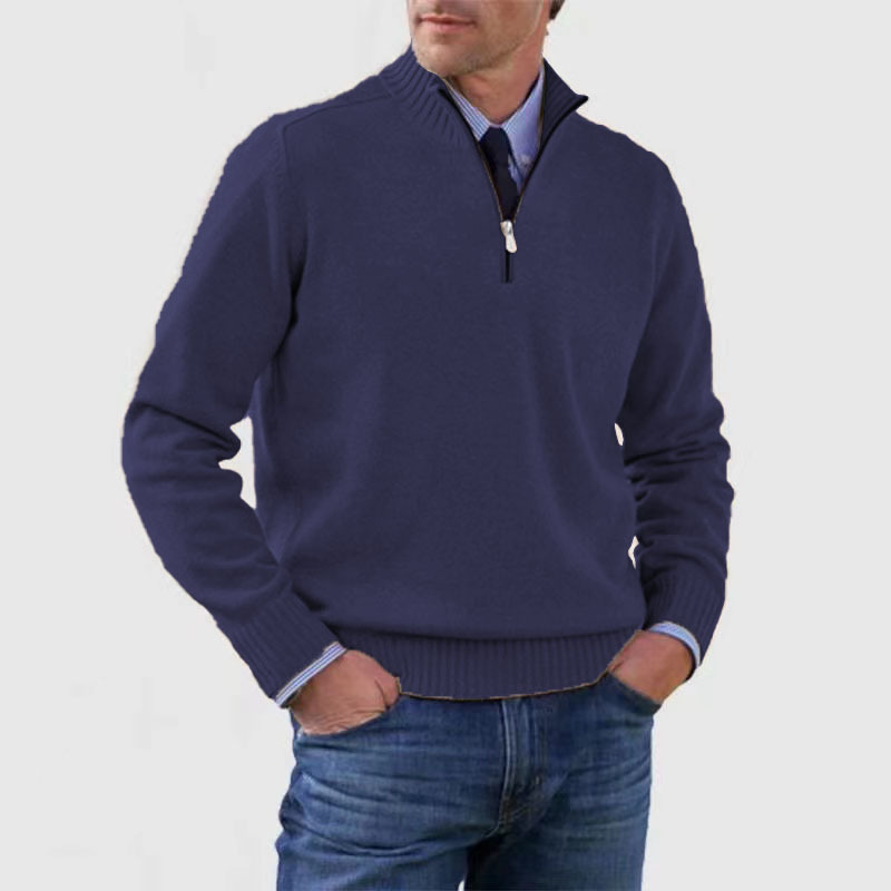 Men's half-zip mock neck sweater with long sleeves and ribbed trims
