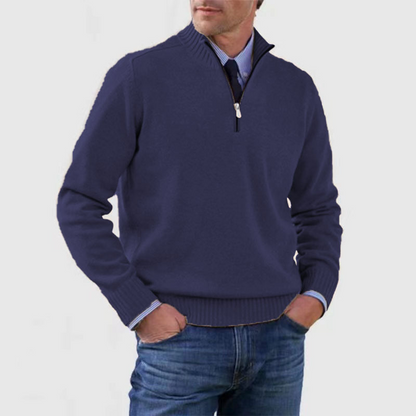 Men's half-zip mock neck sweater with long sleeves and ribbed trims