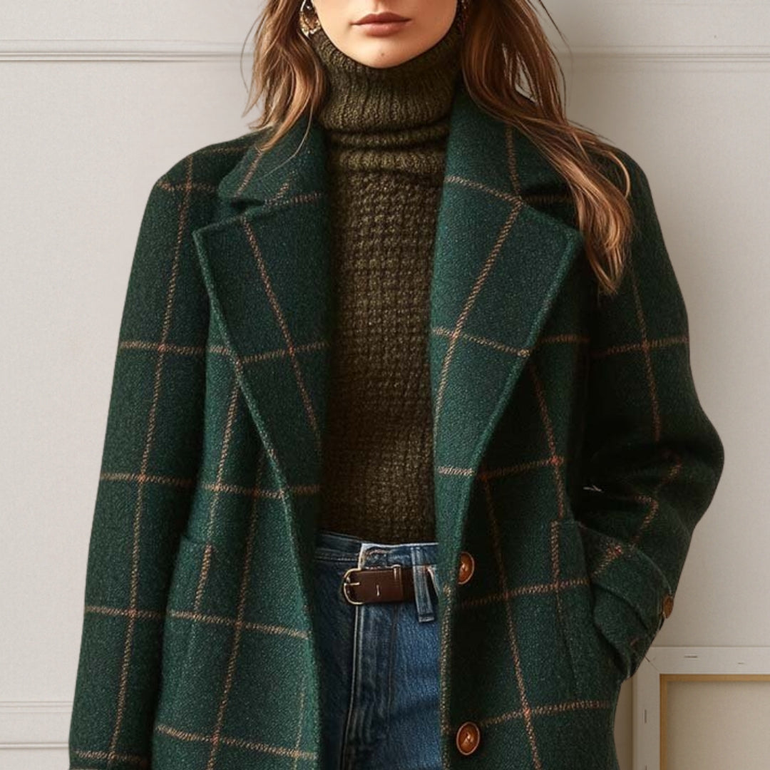 Women's long checked coat with notched lapels and button front
