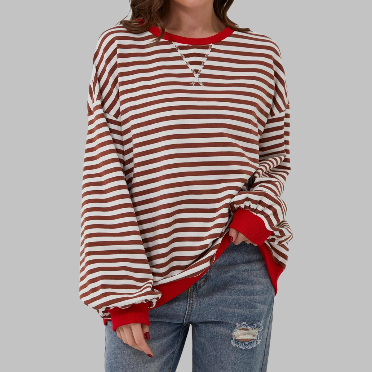 Women's striped crew neck sweatshirt with long sleeves and contrast ribbed trims