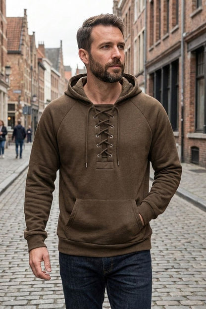 Men's hooded sweatshirt with lace-up front, long sleeves and kangaroo pocket