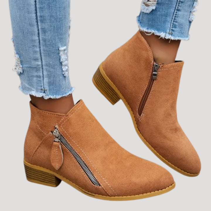 Women's ankle boots with side zippers and low block heels