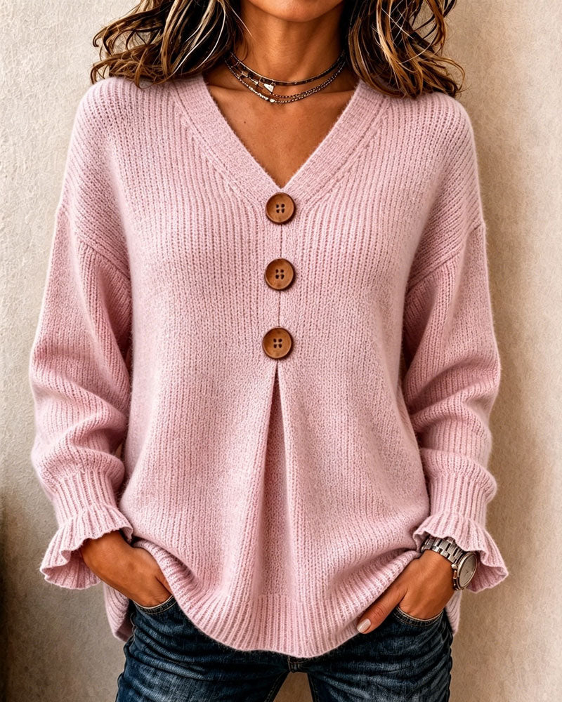Women's V-neck button cardigan with long sleeves and ribbed knit texture