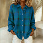 Women's checked collared button-front sweater with long sleeves