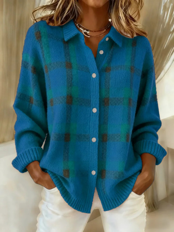 Women's checked button front shirt with collar and long sleeves