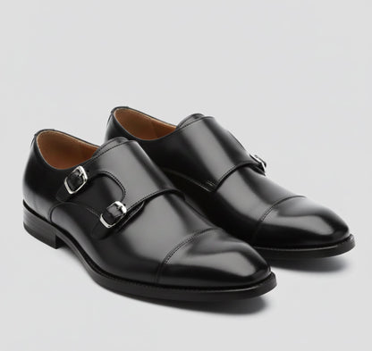 Men's double monk strap shoes with almond toes and buckle closures