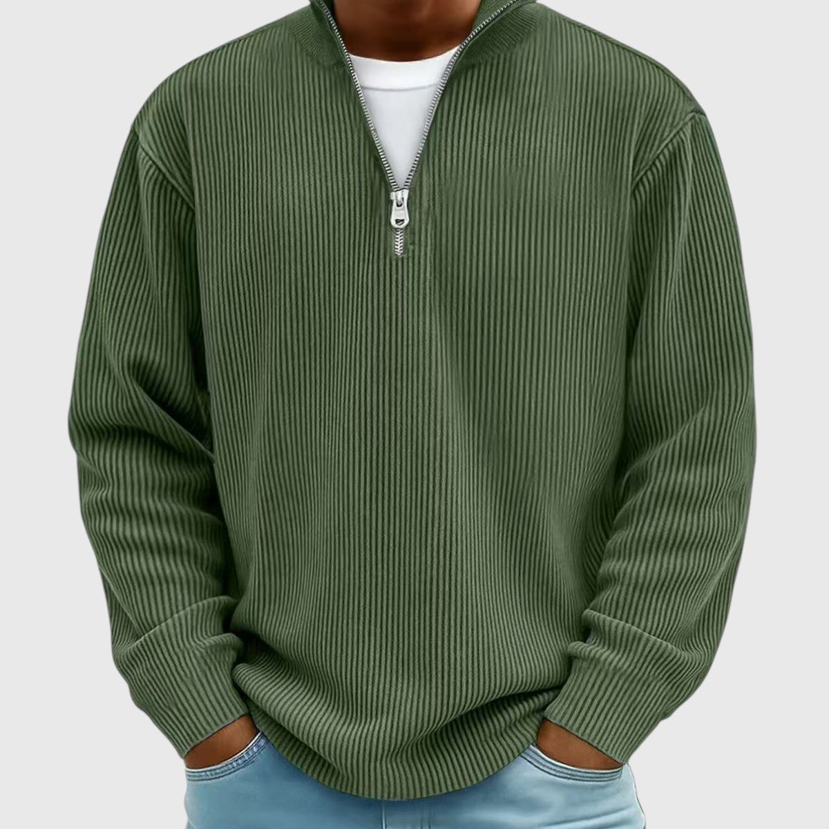 Men's ribbed quarter-zip mock neck sweater with long sleeves