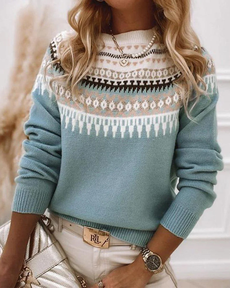 Women's Fair Isle knit sweater with mock neck and long sleeves