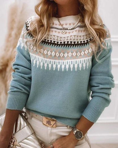 Women's Fair Isle knit sweater with mock neck and long sleeves