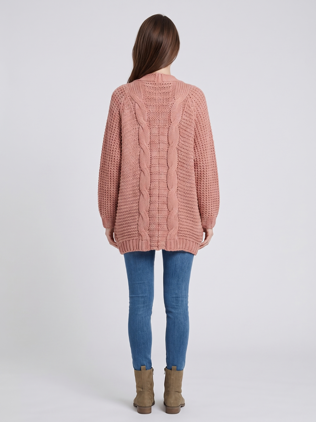 Women's oversized cable knit cardigan with open front and patch pockets