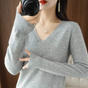 Women's long-sleeve V-neck sweater with ribbed trim