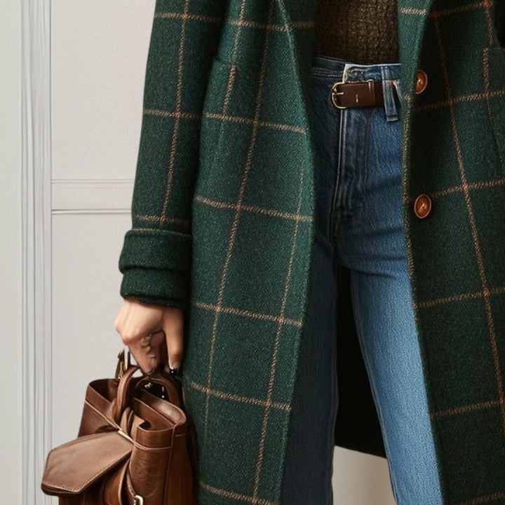 Women's long checked coat with notched lapels and button front