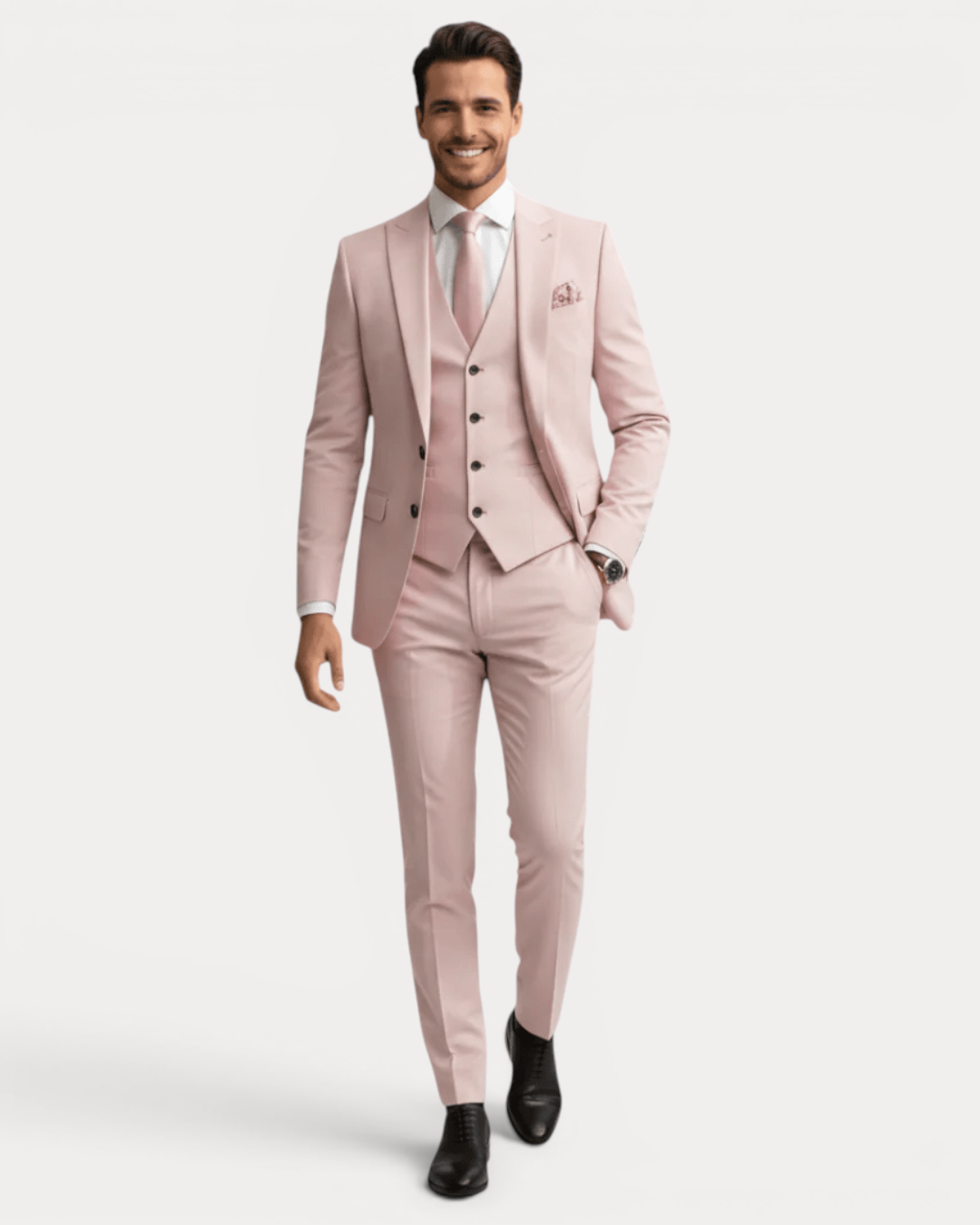 Men's three-piece suit with notched lapels, buttoned waistcoat and tailored trousers